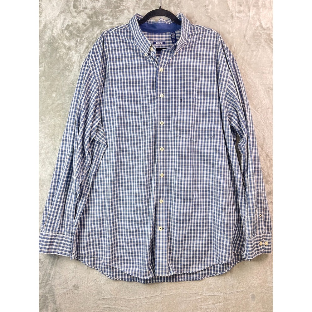 IZOD  Shirt Mens 2XLT Blue Plaid Casual Preppy Classic Fit Button Up Long Sleeve